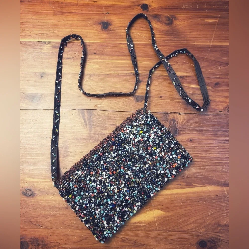 Heavily beaded Indonesian CLUTCH OR CROSSBODY BAG neutral Brazil beads!